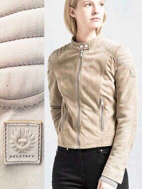 Belstaff Womens Biker Moto Jacket Suede Mollison Driftwood Beige 36 XS / S